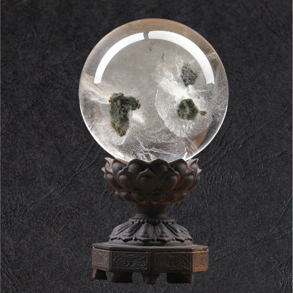 天然水晶绿幽灵全包裹体水晶球摆件三星高照【孤品】